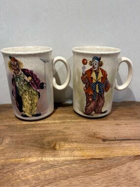 Vintage Clown Speckled Stoneware Mugs - Set of 2 - Made in England Cups